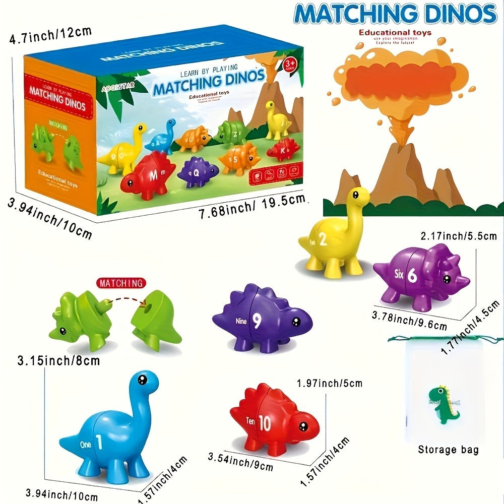 Dinosaur Number Matching Toy for Toddlers — 10 Pairs Retractable Plug-In Counting Sorting Math Game with Storage Bag, Montessori STEM Learning Gift for Boys Girls Ages 1-3, Birthday Easter Christmas