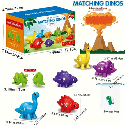 Dinosaur Number Matching Toy for Toddlers — 10 Pairs Retractable Plug-In Counting Sorting Math Game with Storage Bag, Montessori STEM Learning Gift for Boys Girls Ages 1-3, Birthday Easter Christmas