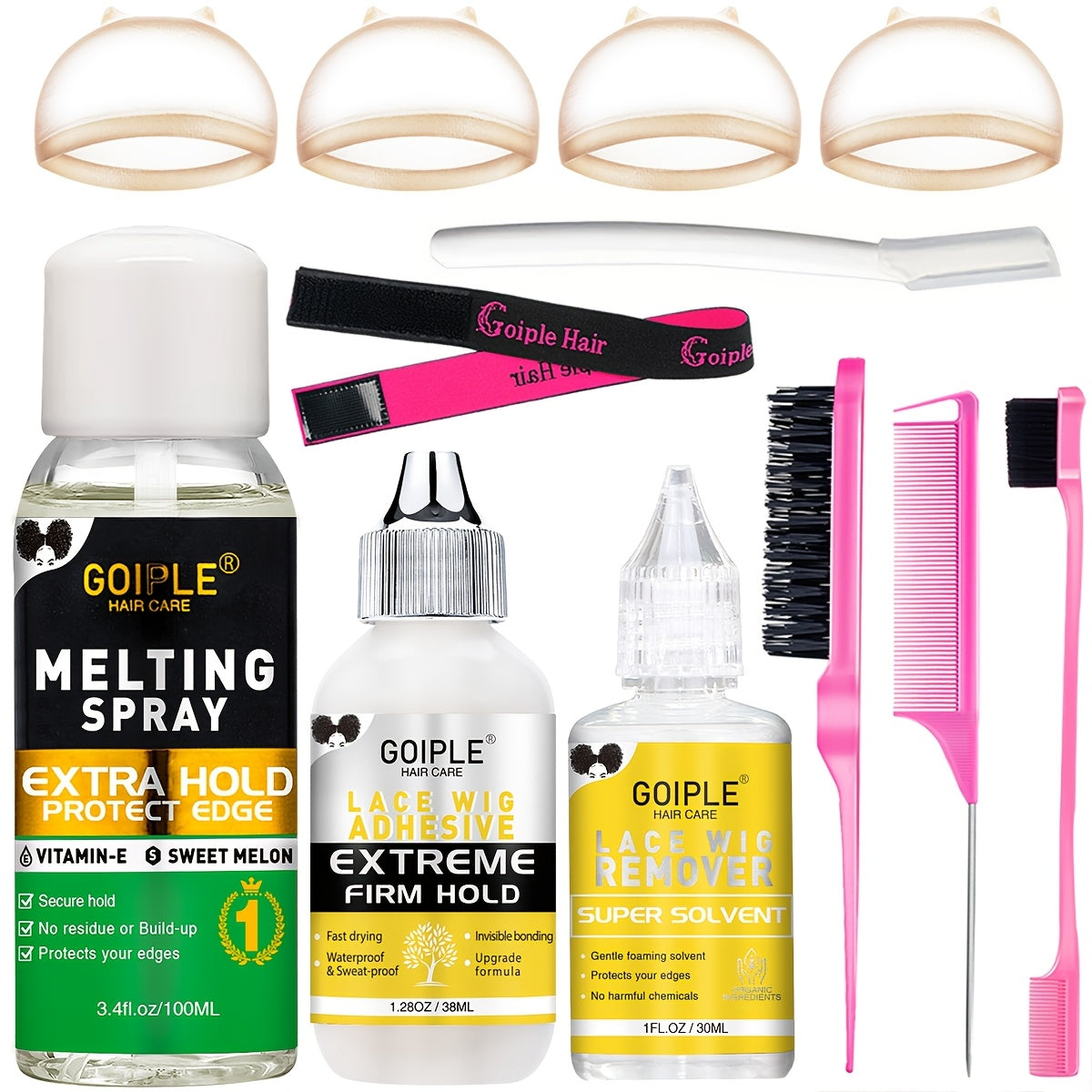Wig Installation Kit in 9-Piece Glue or 14-Piece Styling Sets with Bands, Caps, Combs and Liquid Bottles