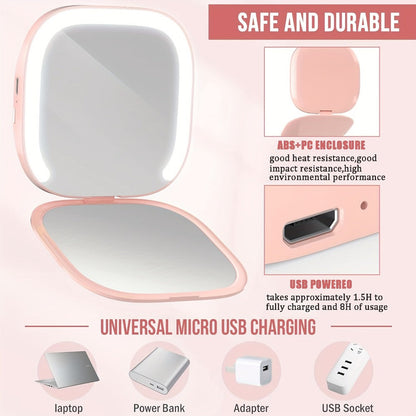 Makeup Mirror Foldable Dual-Sided Compact with Three Light Colors, Touch Brightness, USB-C Charging and Pink or White Finish