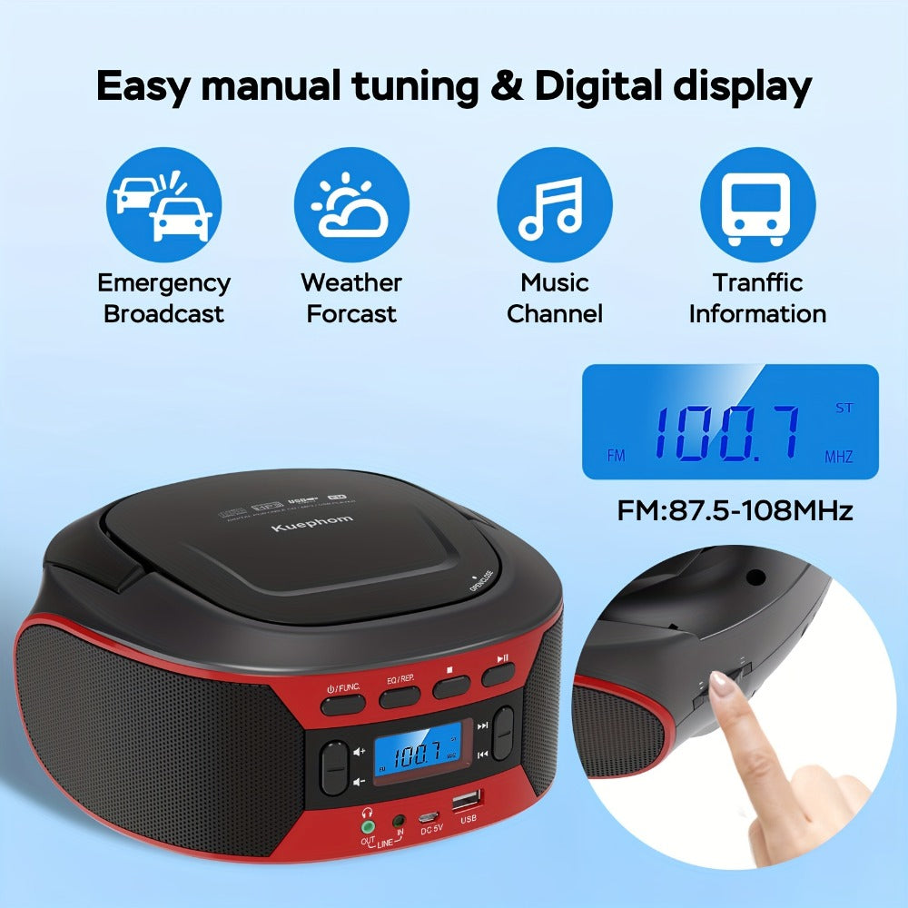 Bluetooth CD Player Boombox with FM Radio – Portable CD Boombox with AUX USB Playback, Earphone Jack, Stereo Speakers, Battery or AC Powered, CD Player for Home and Outdoor Use
