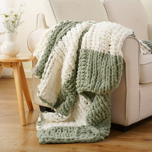 Chunky Chenille Cable Knit Throw Blanket – 350-400gsm Soft Warm Crochet Throw for Sofa, Bed & Couch, Vintage Patchwork, 14 Colors