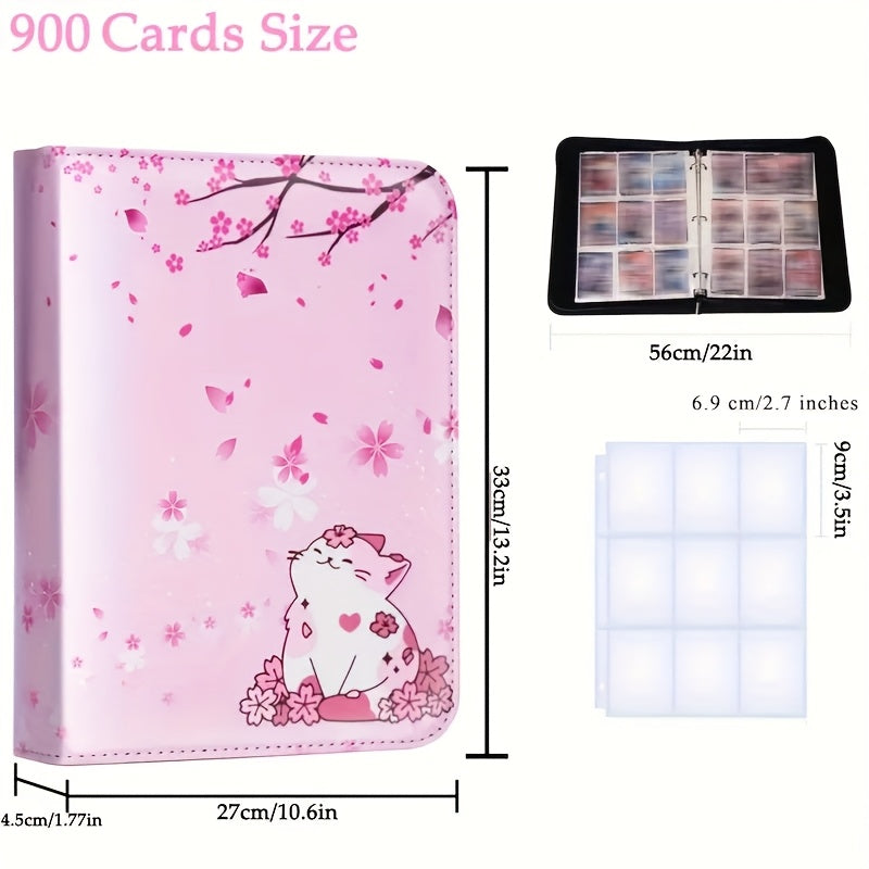 Pink Cat and Cherry Blossom Trading Card Binder with Zipper Closure, 900 Pockets and 13.2-Inch Height
