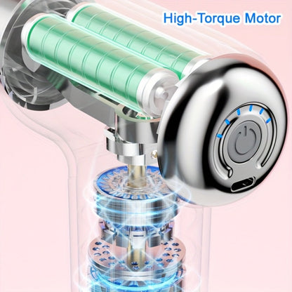 White USB-Rechargeable Massage Gun with Straight-Grip Body and Nine Interchangeable Massage Head Styles