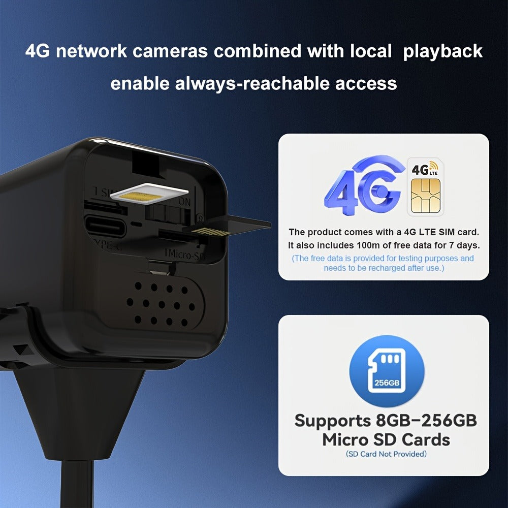 4G LTE Security Camera 4K Wireless No WiFi Needed, Infrared Night Vision, Rechargeable Battery, PIR Human Detection