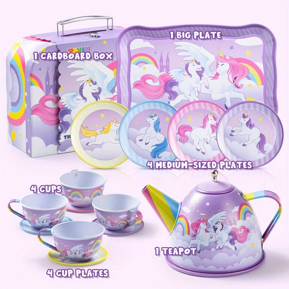 Purple Unicorn Tin Tea Set in Carry Case with Teapot, Four Cups, Four Saucers and Five Plates