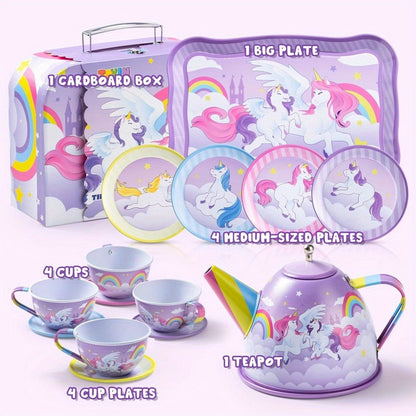 Purple Unicorn Tin Tea Set in Carry Case with Teapot, Four Cups, Four Saucers and Five Plates