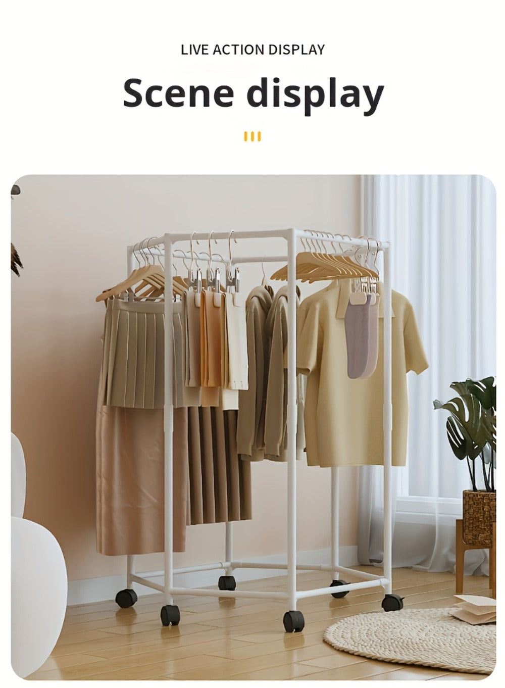 Rotating Hexagonal Garment Rack with Six-Sided Hanging Frame, Casters and Black or White Mesh-Bag Options
