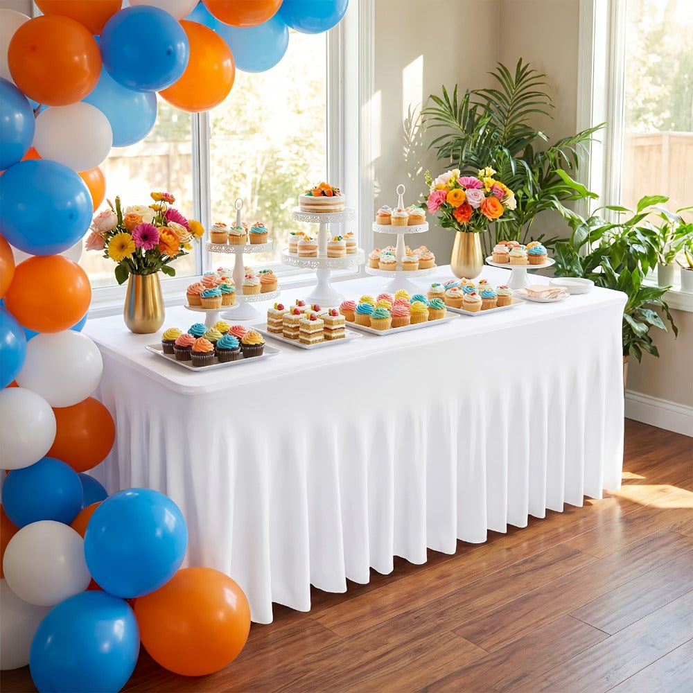 Pleated Rectangle Table Skirts in Black or White with One-, Two- or Four-Piece and Four-Foot Options