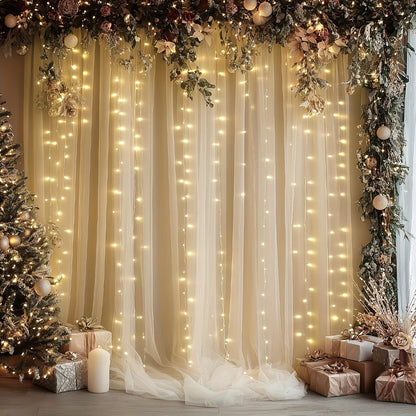 Champagne Tulle Photography Backdrop Set with Two Curtain Panels, USB String Lights and Ten Hooks