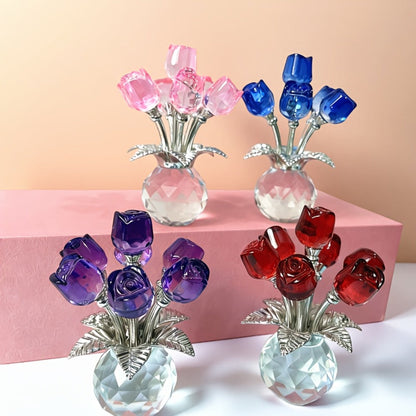 Glass Rose Floral Sculpture in Blue or Purple with Five Faceted Blooms and Silver-Tone Leaves for Display