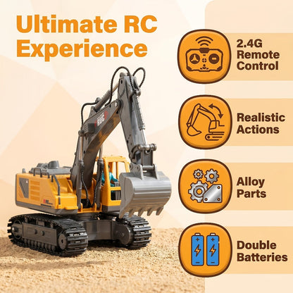RC Excavator 1:20 Scale 2.4G 11CH – Alloy Remote Control Construction Toy with 680° Rotation & Working Arm | RC Dump Truck Bulldozer Loader, Indoor Outdoor Gift for Boys Ages 6+