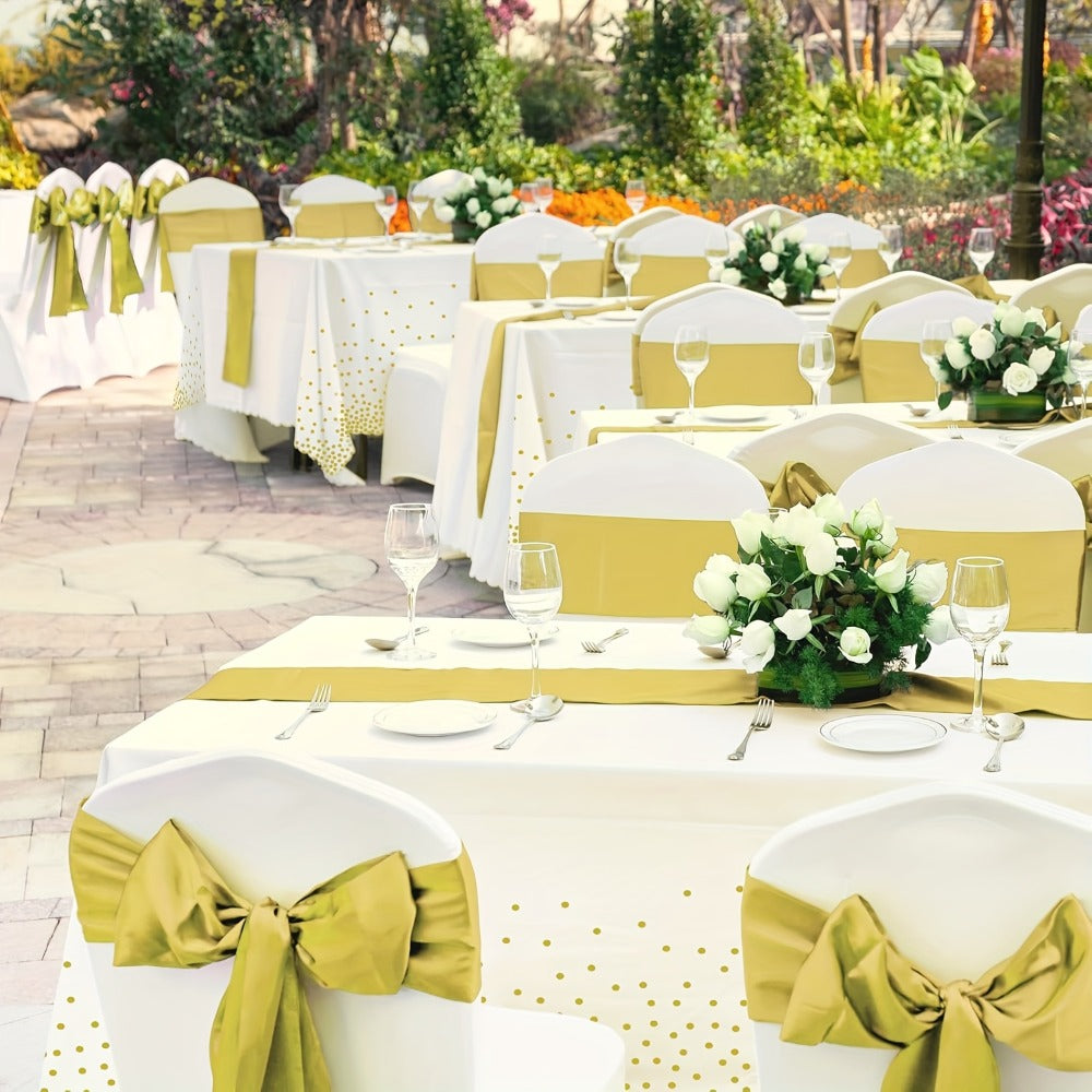 White and Gold Party Tablecloth and Runner Set, 10 Pieces with Five Covers and Five 12 x 108 Inch Runners