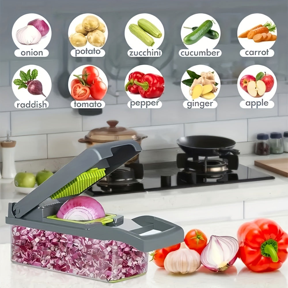 16-in-1 Vegetable Chopper Set with 8 Interchangeable Blades, Manual Food Chopper with Container, Peeler & Filter for Onion, Garlic, Carrot – Kitchen Prep Tool
