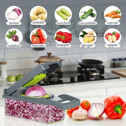 16-in-1 Vegetable Chopper Set with 8 Interchangeable Blades, Manual Food Chopper with Container, Peeler & Filter for Onion, Garlic, Carrot – Kitchen Prep Tool