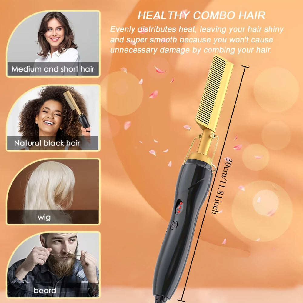 Hot Comb Hair Straightener Electric Ceramic – Portable Anti-Burn Press Comb for Natural Hair & Beard Straightening – Pink, Gold, Black, Gradient, Avocado Green