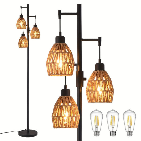 Boho Rattan Floor Lamp Dimmable – 3-Light Stepless Dimming Standing Lamp with Natural Rattan Shade & Metal Base for Living Room, Bedroom, Dining Room – Warm Bohemian Home Lighting