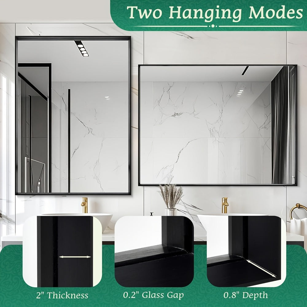 Bathroom Vanity Mirror Wall Mounted Metal Frame Rectangle – Anti-Rust Farmhouse Mirror in Matte Black, Gold & Silver, Multiple Sizes, Horizontal or Vertical Hang