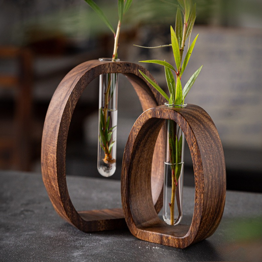 Hydroponic Planter Set 4pcs Walnut Wood & Glass Vase Aerated Root Vertical Aquatic System Desk Decor Home Office Space-Saving