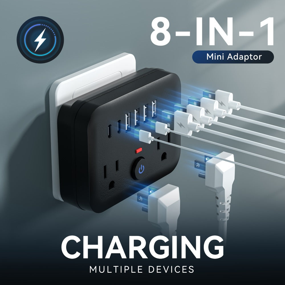 Surge Protector Power Strip 8-in-1 Mini Wall Adapter with 2 AC Outlets, 4 USB-A, 2 USB-C and One or Two-Pack Options