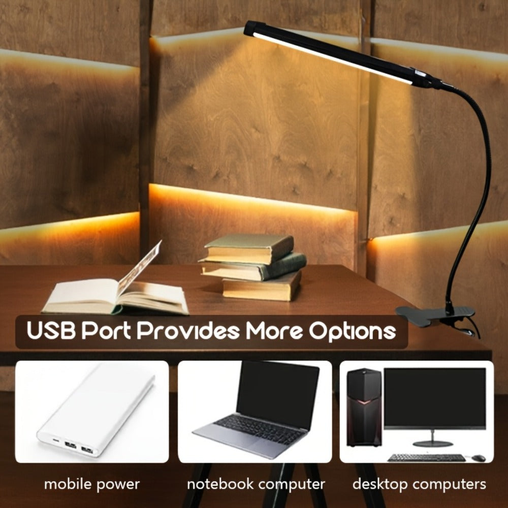 Clip-On LED Desk Lamp with 38cm Light Bar, 40cm Gooseneck, USB Inline Controller and Three Light Colors