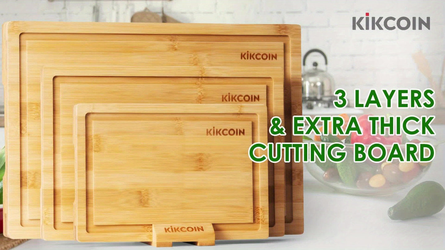 Four-Piece Bamboo Cutting Board Set with Graduated Sizes, Juice Grooves and Storage Rack Included