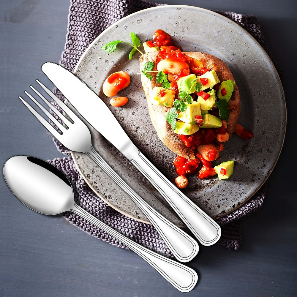 Stainless Steel Flatware Cutlery Set – Mirror Polished, Dishwasher Safe, Silver & Black Options, Service for 4 / 8 / 12 – Kitchen Utensil Set for Home, Restaurant & Wedding Gift