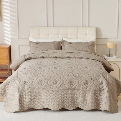 Quilt Set 3 Piece Floral Embroidery Bedspread - 100% Polyester Wrinkle Resistant Lightweight Quilted Coverlet with 2 Pillow Shams for Full Queen King Bed, Elegant Bedroom Decor in 19 Colors