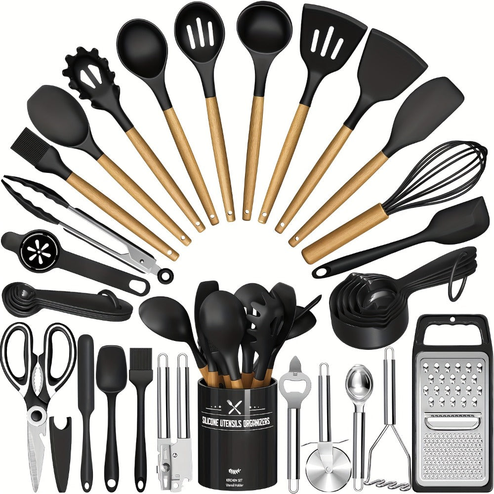 Silicone Kitchen Utensils Set 34-Piece with Holder, Heat Resistant Cooking Spatula Tools for Nonstick Cookware