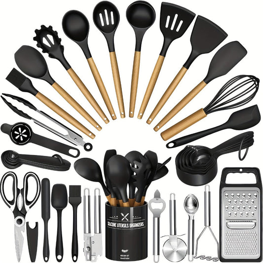 Silicone Kitchen Utensils Set 34-Piece with Holder – Heat Resistant Cooking Spatula Tools for Nonstick Cookware | Wooden Handle Kitchen Gadgets | Father's Day & Housewarming Gift