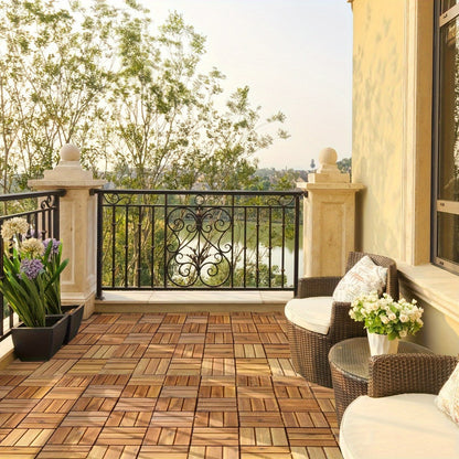 Interlocking Acacia Wood Deck Tiles, 27-Pack of 12-Inch Slatted Squares for Patio, Balcony or Indoor Floors