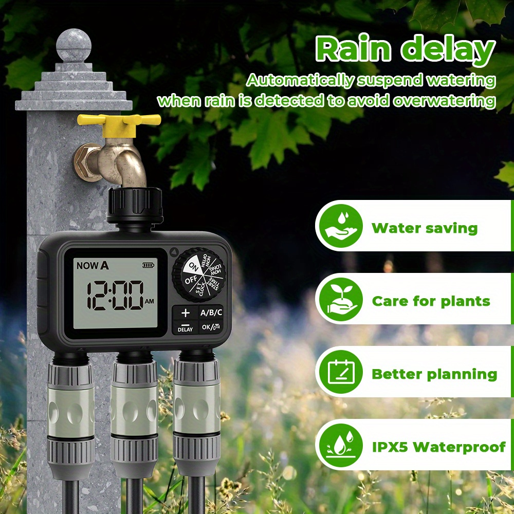3-Zone Sprinkler Timer with Auto/Manual/Rain Delay Modes – Programmable Garden Hose Irrigation Controller, LCD Display, IPX5 Waterproof
