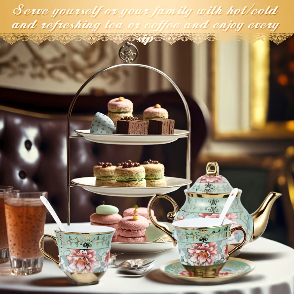 Twenty-Piece Floral Ceramic Tea Set with 15-Ounce Teapot, Six Cups, Saucers, Spoons and Gold Rack