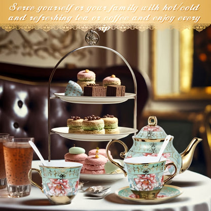 Twenty-Piece Floral Ceramic Tea Set with 15-Ounce Teapot, Six Cups, Saucers, Spoons and Gold Rack