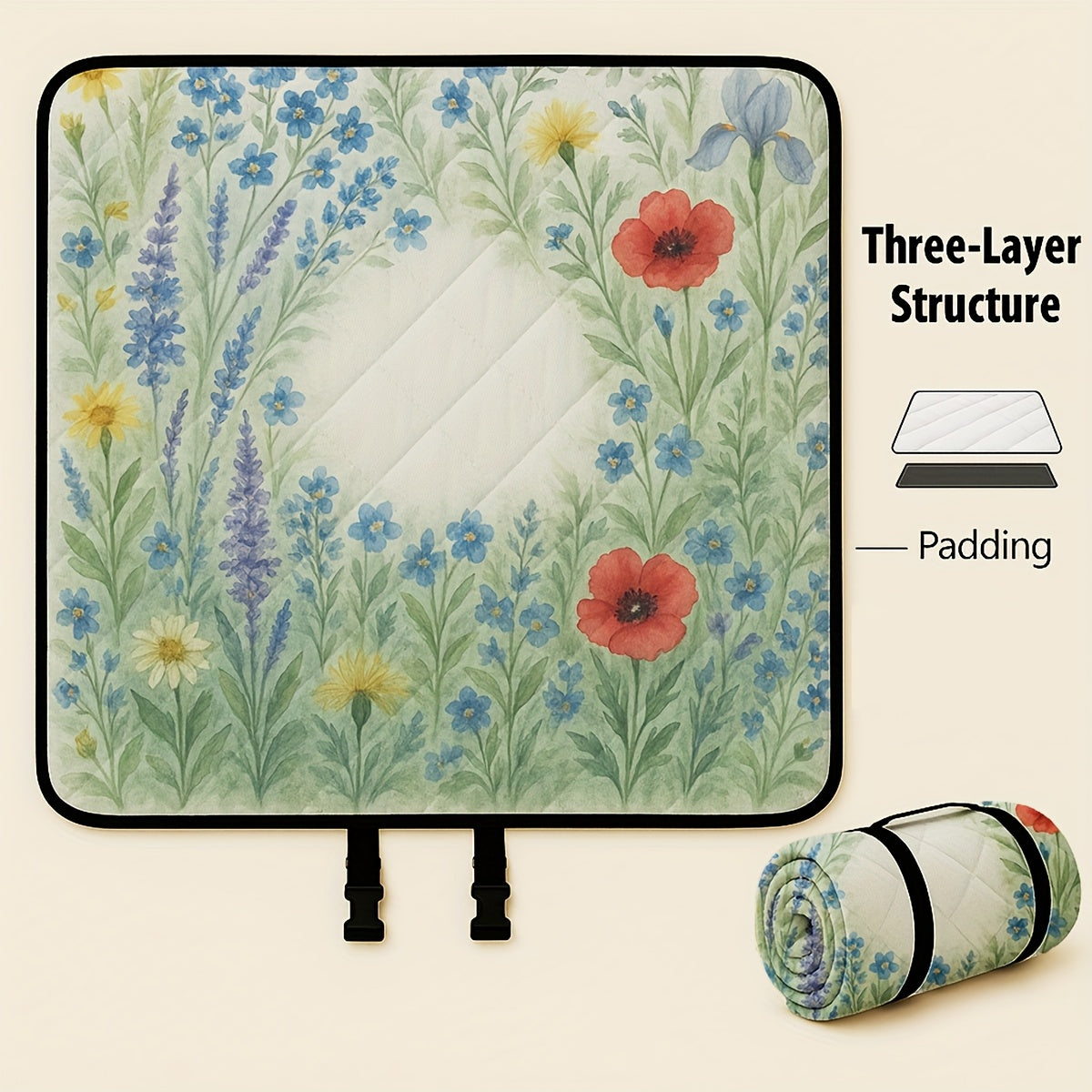 Large Padded Picnic Blanket with Roll-Up Carry Straps and Five Evidence-Bound Pattern Options