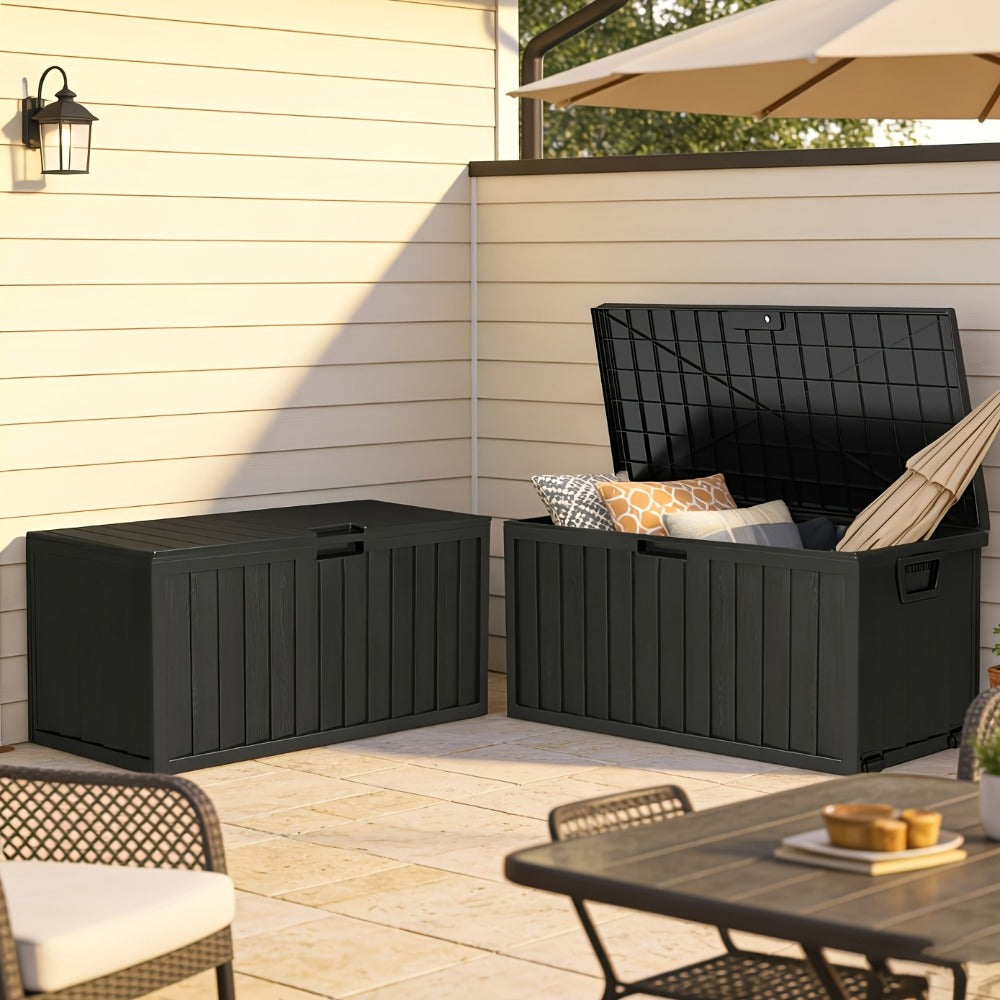 35- or 75-Gallon Outdoor Deck Box with Hinged Lid, Side Grips and Black or Beige Model Options