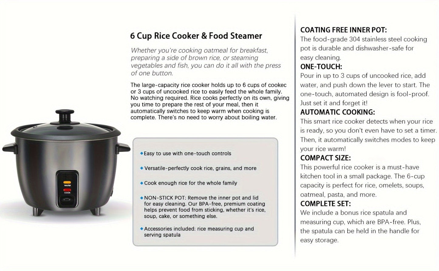 Rice Cooker & Yogurt Maker 1.5Qt – 6-Cup Non-Stick Electric Rice Cooker with Auto Keep Warm, One-Touch, Stainless Steel Liner, Steamer for Rice, Oatmeal, Soup & Yogurt