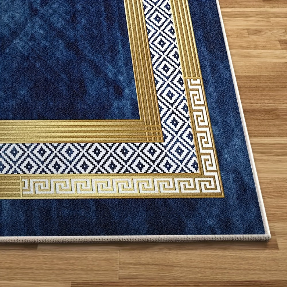 Navy Blue and Gold Geometric Area Rug with Four Exact Rectangular Size Options for Living Spaces