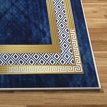 Navy Blue and Gold Geometric Area Rug with Four Exact Rectangular Size Options for Living Spaces
