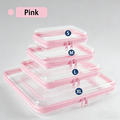 Four-Piece Storage Organizer Set with Clear Zipper Cases in S, M, L and XL Sizes and Four Trim Colors