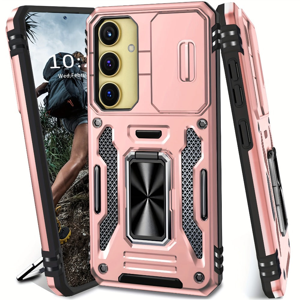 Samsung Galaxy Shockproof Magnetic Phone Case with 360° Rotating Ring Bracket & Sliding Lens Protector – Heavy Duty Cover for S24FE S23FE S22 S21FE Ultra A55 A54 A35 A34 A25 A24 A16 A15 A14 A06 A05 A05S 5G