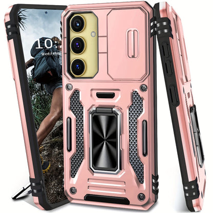 Samsung Galaxy Shockproof Magnetic Phone Case with 360° Rotating Ring Bracket & Sliding Lens Protector – Heavy Duty Cover for S24FE S23FE S22 S21FE Ultra A55 A54 A35 A34 A25 A24 A16 A15 A14 A06 A05 A05S 5G