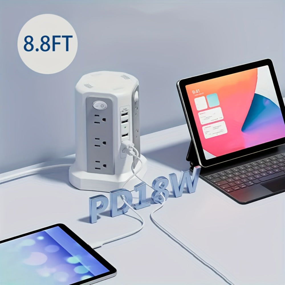 Power Strip Tower with 12–16 AC Outlets, 4 USB-A, PD 20W USB-C and 1500J Surge Protection for Home Office Charging