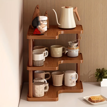 Corner Shelf Kitchen Organizer 3-Tier Brown Triangular Countertop Rack for Coffee Station Accessories