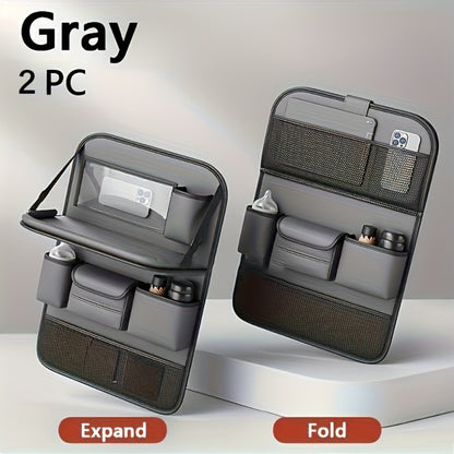 Car Seat Back Organizer PU Leather - Foldable Dining Table, Cup Holder, Multi-Pocket Storage Bag, Universal Fit Back Seat Travel Organizer for Kids & Passengers, 1pc or 2pc Set