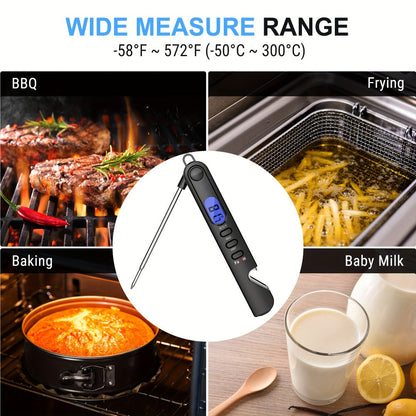 Black Folding Digital Food Thermometer with Backlit Display, Magnetic Back, Hanging Loop and One- or Two-Piece Options