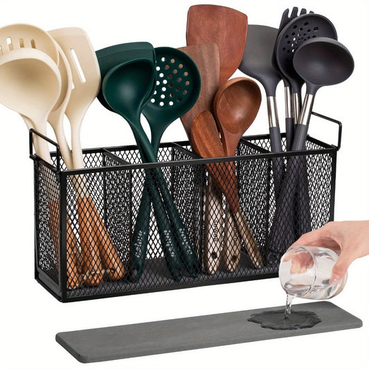 Utensil Kitchen Organizer with Four Mesh Compartments and Removable Diatomaceous Earth Base Insert