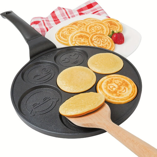 7-Hole Non-Stick Pancake Pan Smiley Face – Aluminum Alloy Breakfast Maker with Detachable Handle for Gas Stove | Oven & Dishwasher Safe Crepe Waffle Egg Mold Cooking Pan Even Heat Distribution Black