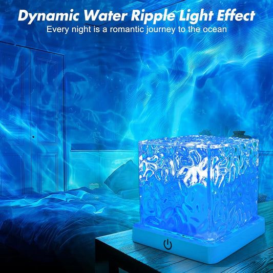 RGB Night Light Rechargeable 16-Color Ocean Wave Projection Lamp - Rotating Flame Water Ripple Remote Dimming for Bedroom Bar Restaurant Display Cabinet Decor