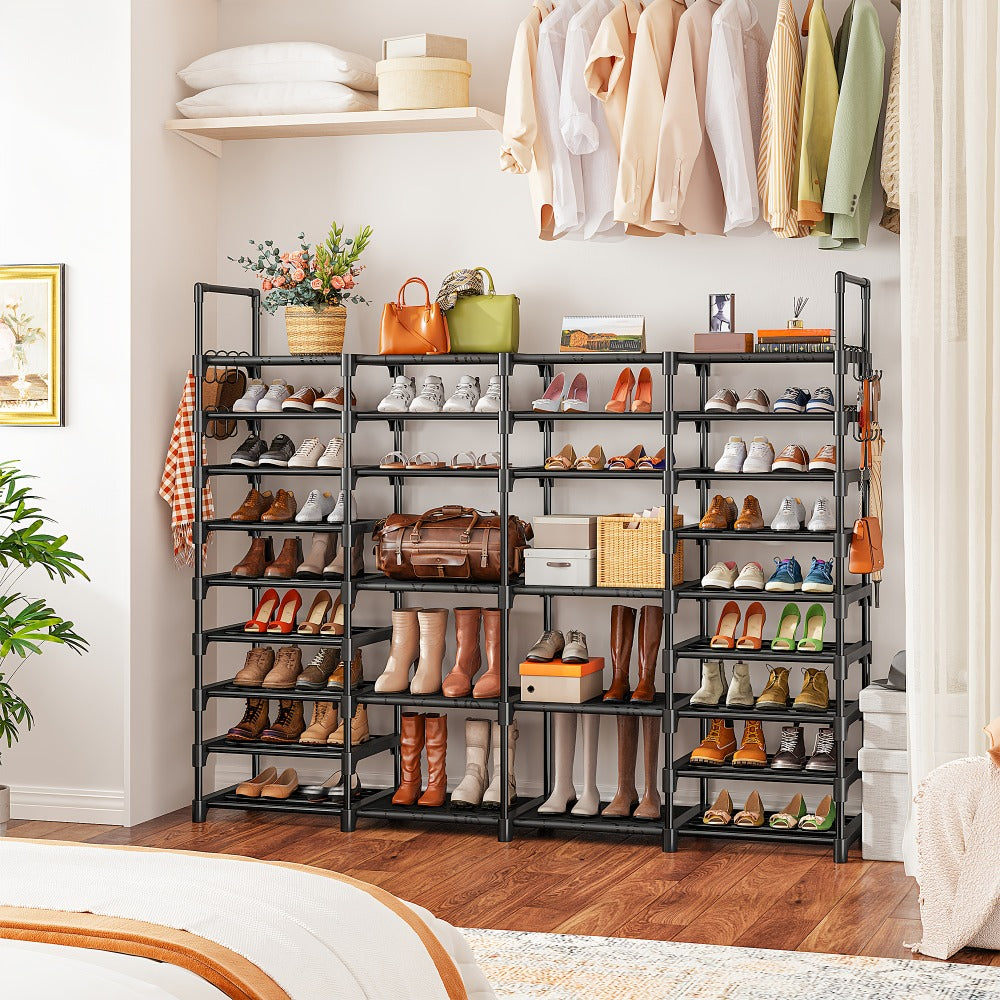 Shoe Rack 4-Row 9-Tier Metal Organizer for Up to 64 Pairs with Modular Black Freestanding Design